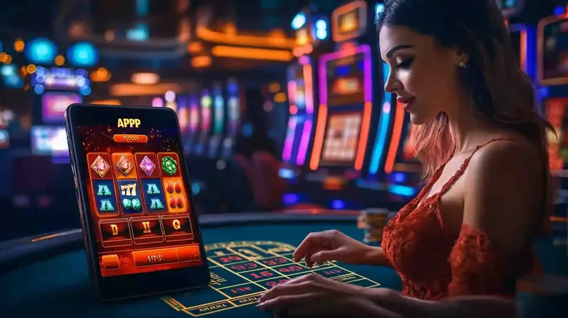 Mulher jogando slots online em um tablet com luzes de cassino ao fundo