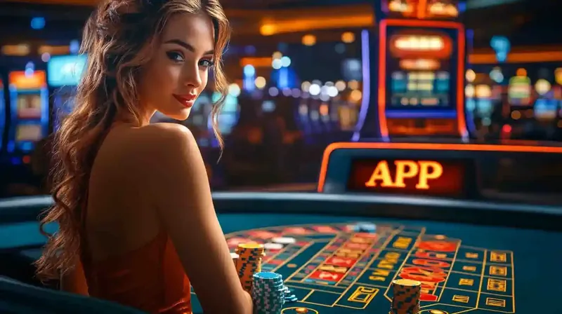 Mulher elegante em mesa de jogo com letreiro luminoso de App ao fundo