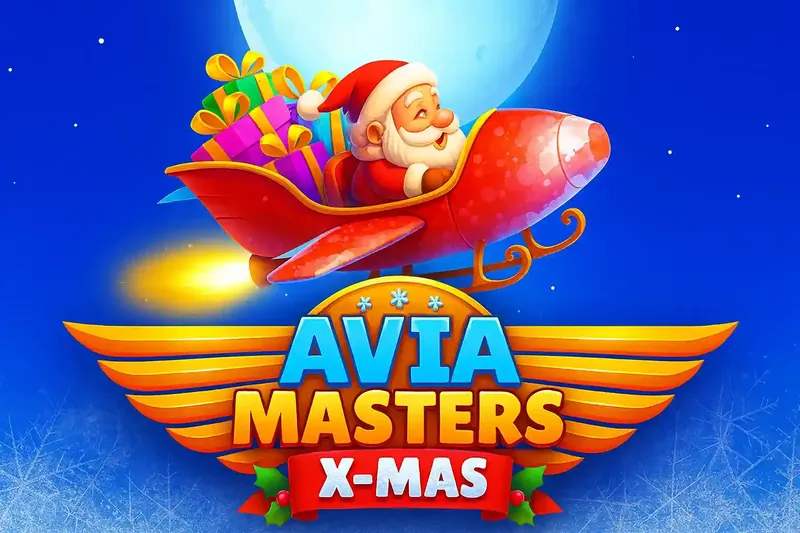 Papai Noel pilotando avião vermelho no logo do jogo Aviamasters Xmas