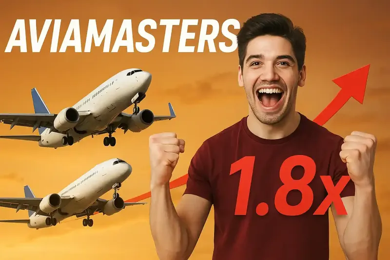 Homem empolgado com punhos cerrados ao lado de aviões decolando