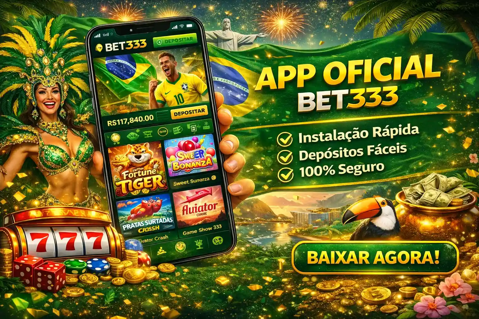 Aplicativo de cassino no celular com jogos, bônus e bandeira do Brasil