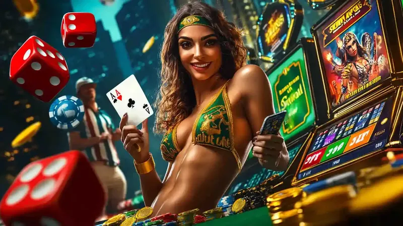 Mulher de biquíni verde segurando par de ases e celular com dados