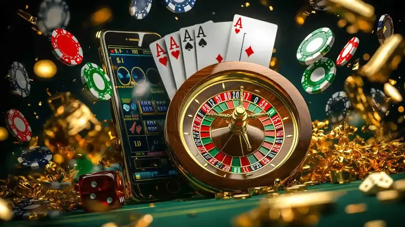 Smartphone com interface de cassino cercado por moedas e fichas de ouro