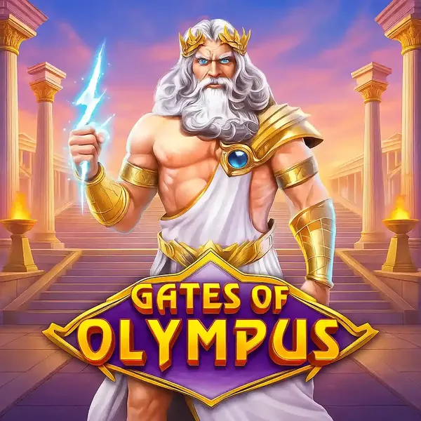 Personagem Zeus segurando raio no jogo de slot Gates of Olympus