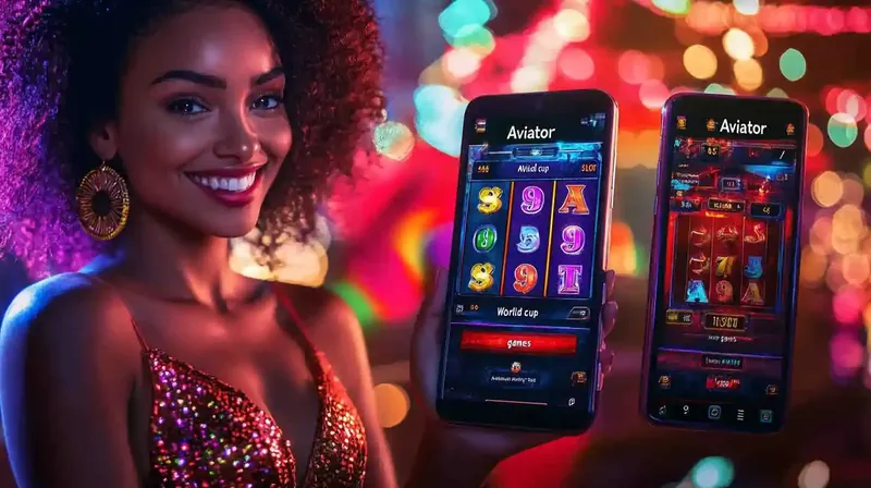 Mulher sorrindo segurando celular com a interface do jogo Aviator