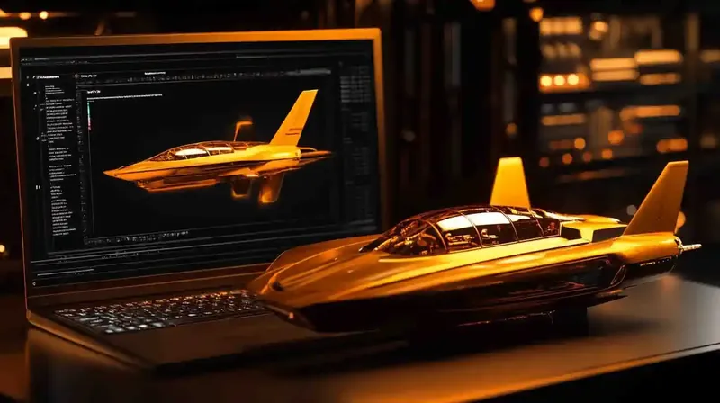 Avião a jato dourado futurista próximo a laptop com gráficos de jogo