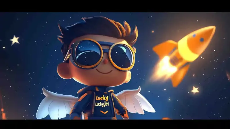 Personagem com jetpack voando no espaço com foguete laranja ao fundo