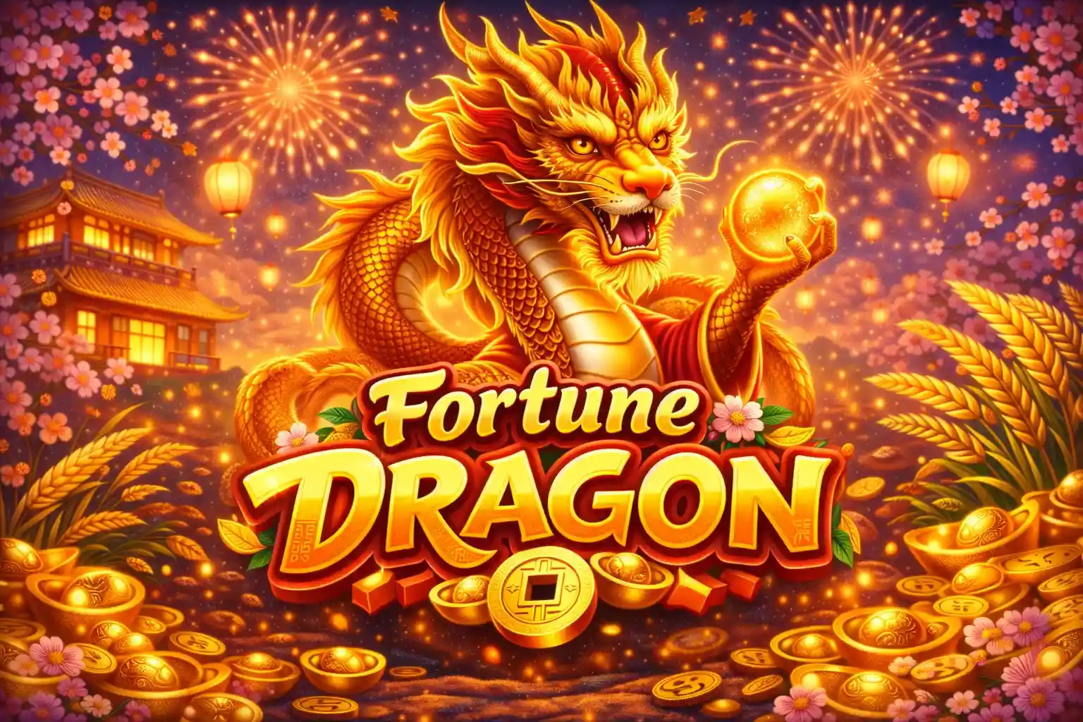 Dragão dourado segurando esfera brilhante cercado por moedas e lanternas
