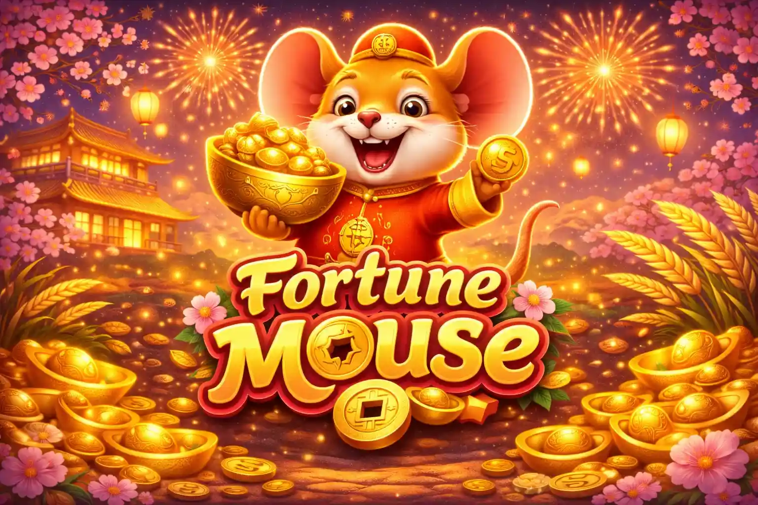 Rato da fortuna com moedas douradas em cenário chinês festivo