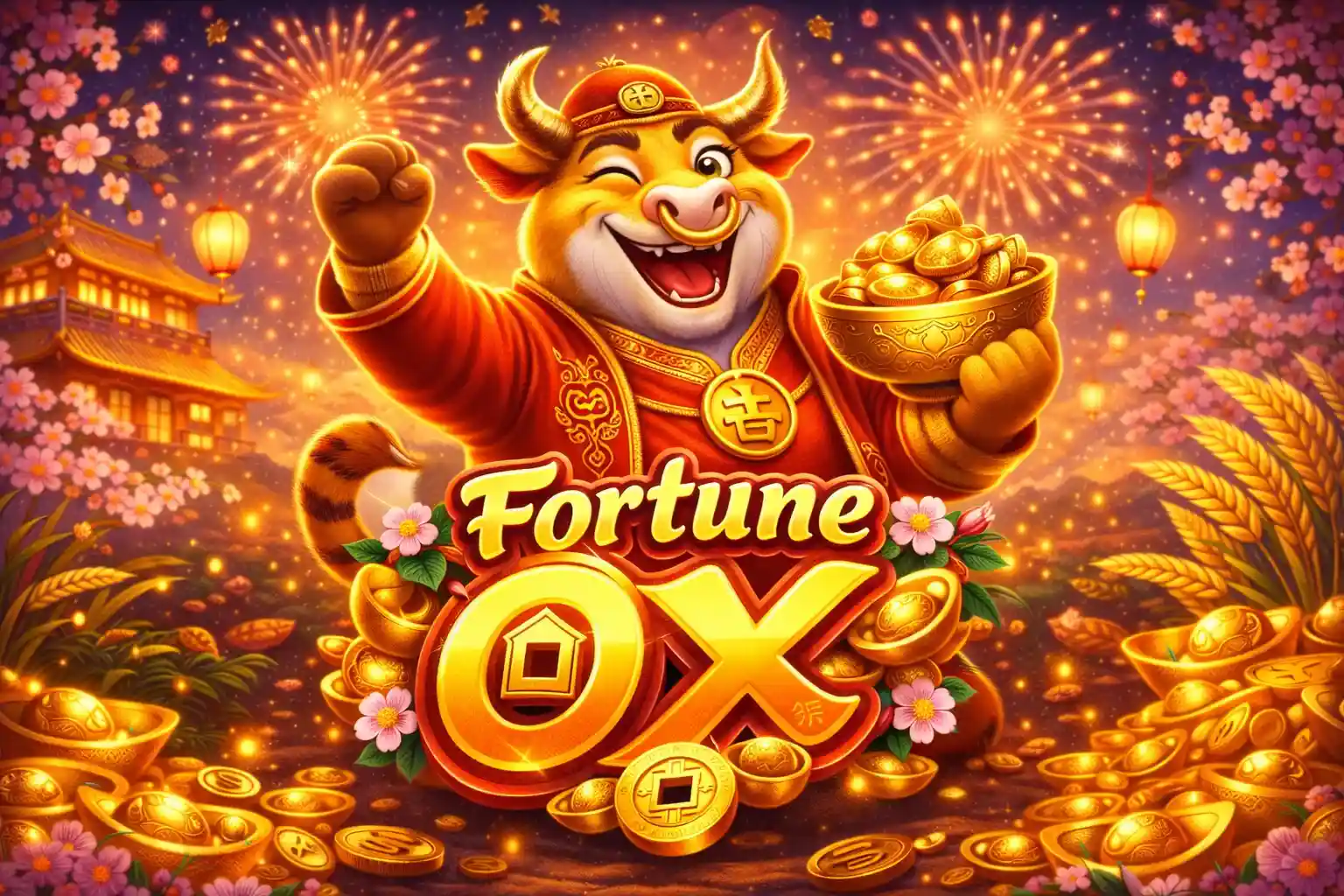 Boi da fortuna sorrindo com moedas douradas e fogos de artifício ao fundo