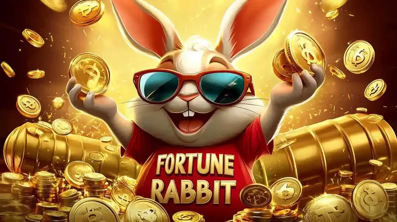 Coelho da fortuna com óculos escuros celebrando grande vitória em moedas