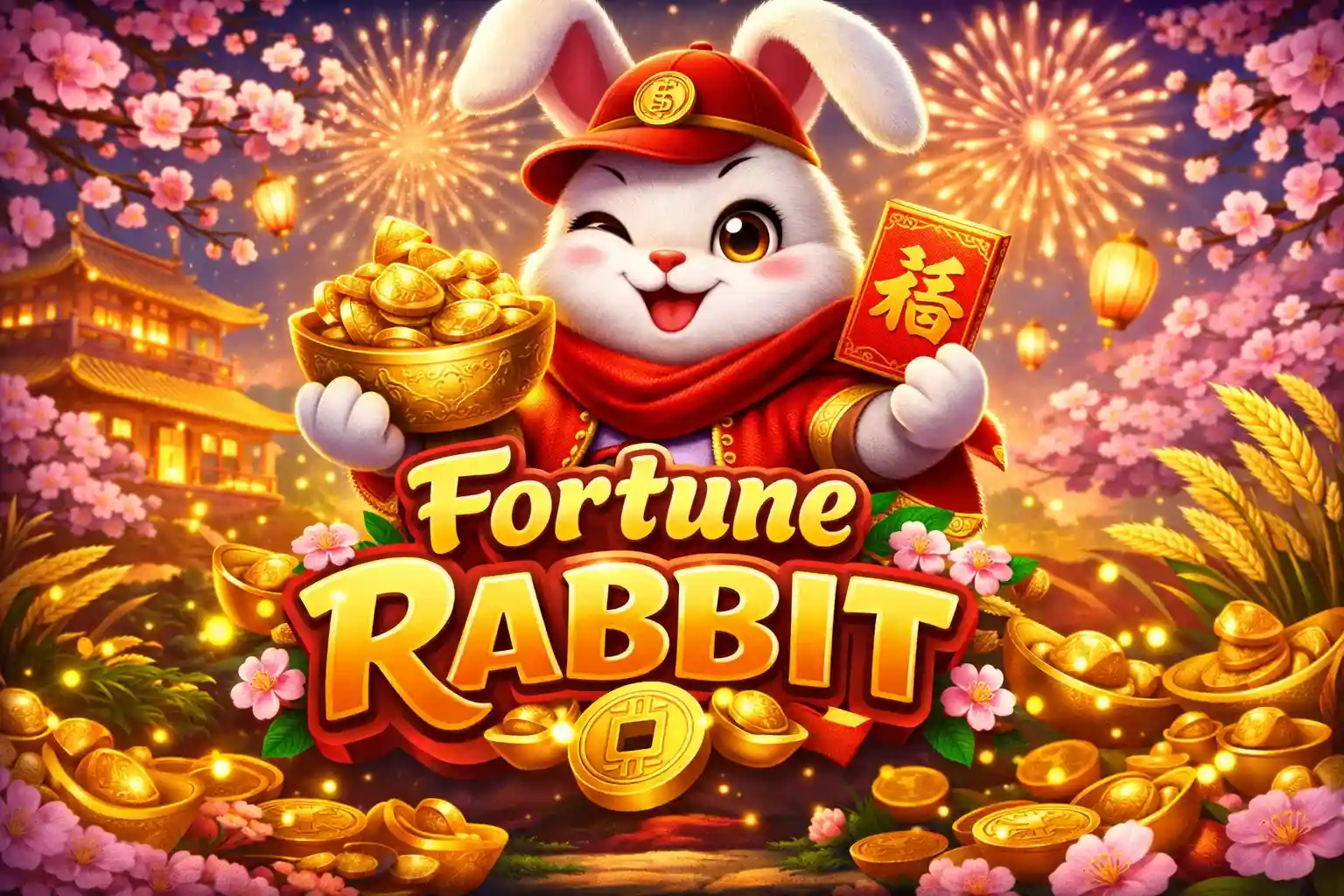 Coelho da sorte segurando moedas douradas em cenário oriental festivo