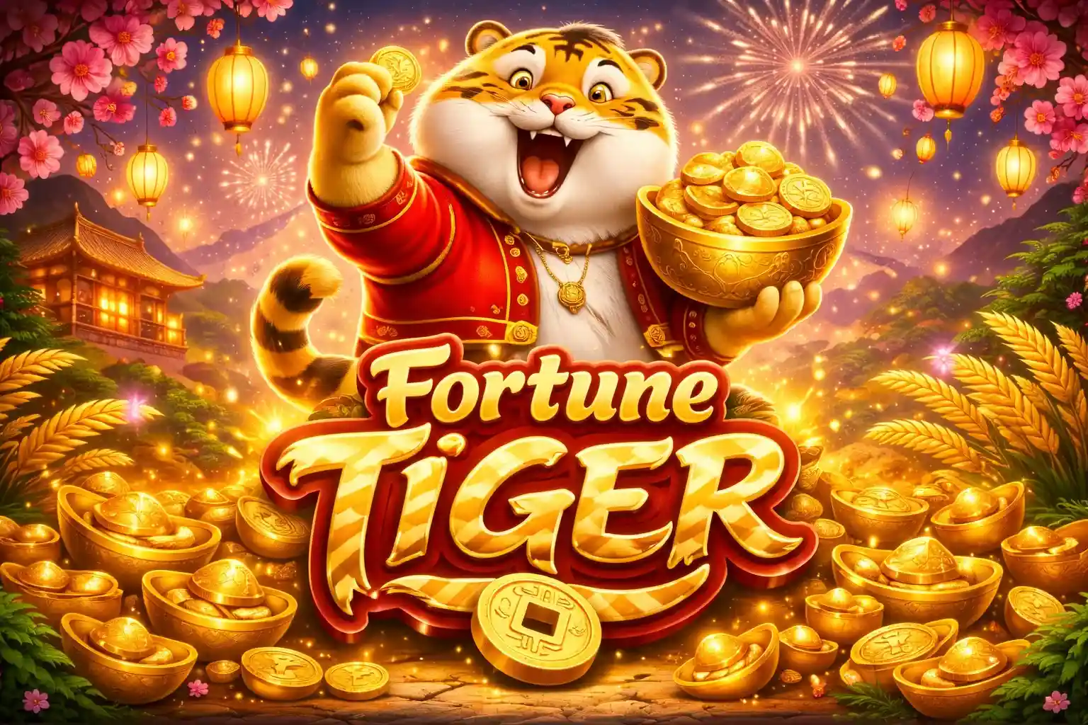 Tigre da sorte comemorando com tigela de moedas em ambiente asiático iluminado
