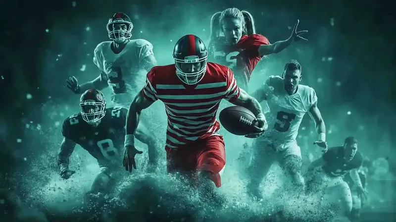 Jogadores de futebol americano correndo em campo sob chuva intensa