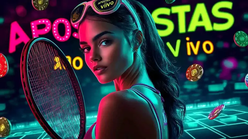 Jogadora de tênis com raquete e óculos neon escrito apostas ao vivo