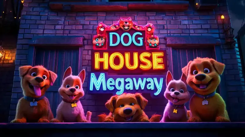 Logotipo do jogo de slot Dog House Megaway com cachorros animados