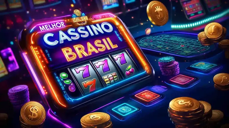 Placa neon brilhante escrito Melhor Cassino Brasil com máquina de slot