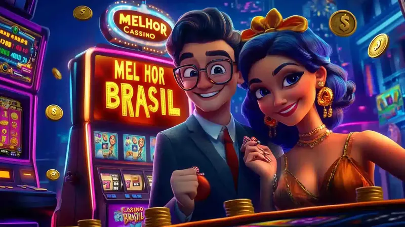 Casal de personagens estilo cartoon sorrindo ao lado de máquina de slot