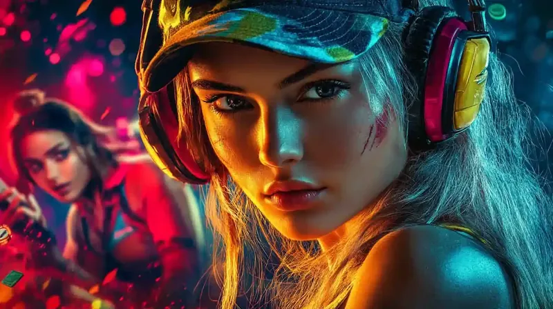 Garota com headset focada em jogo competitivo de esports com fundo neon