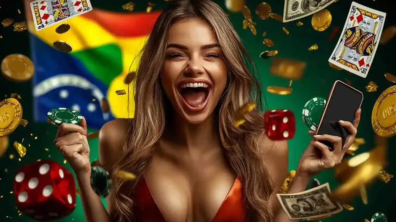 Mulher feliz com bandeira do Brasil segurando celular e fichas de cassino