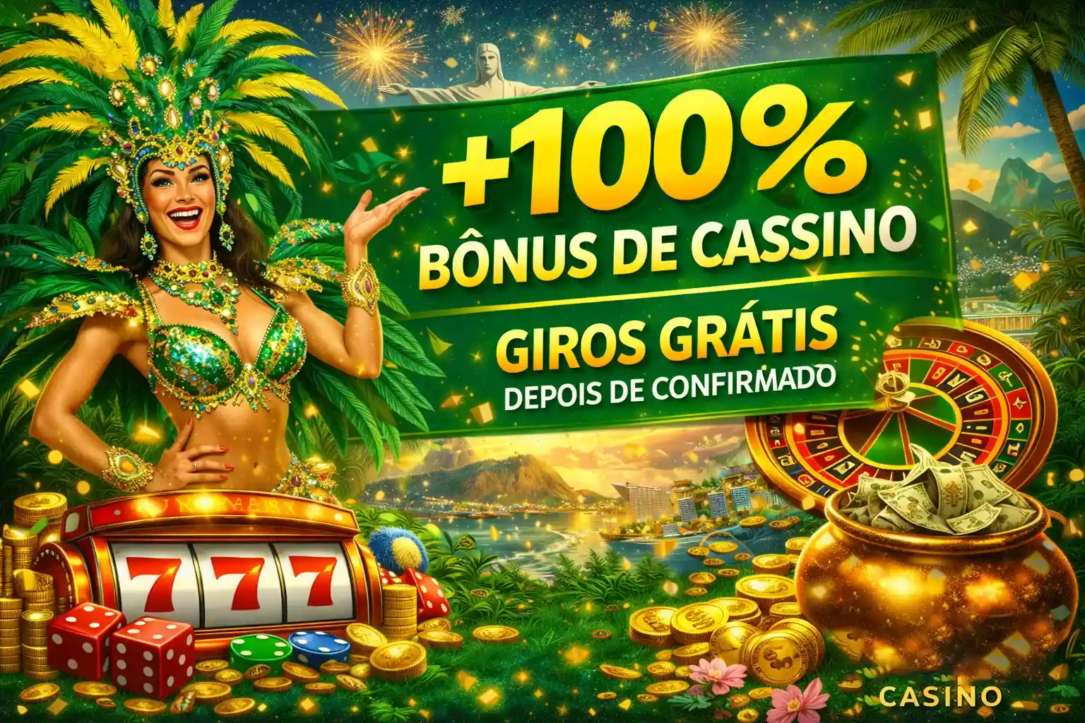 Banner de bônus de cassino com dançarina, roleta, slot 777 e moedas