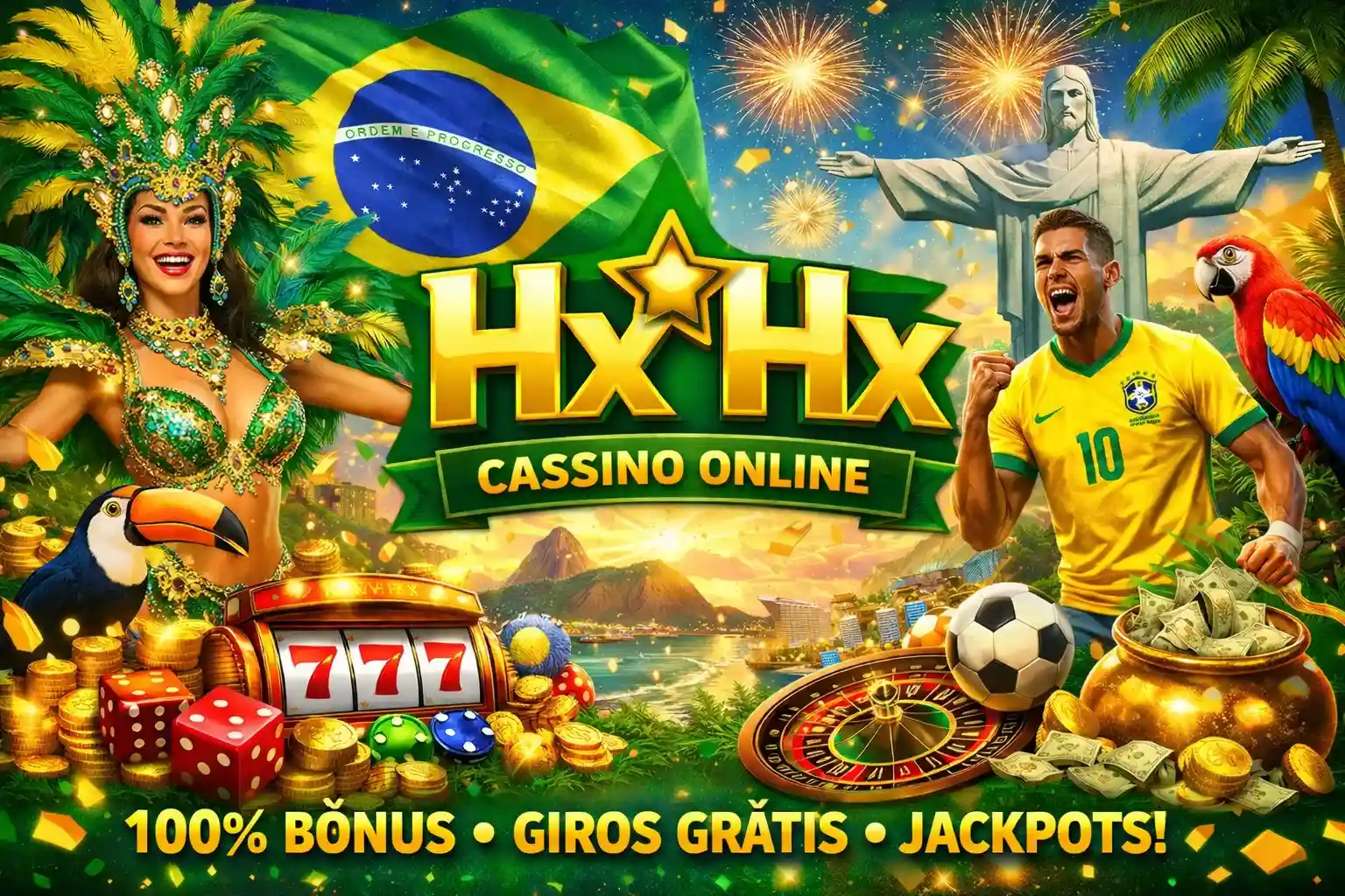 Banner de cassino online com samba, futebol, roleta, moedas douradas e paisagem do Rio