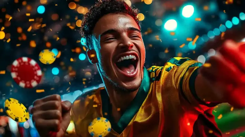 Homem jovem comemorando grande vitória no cassino com confetes e luzes