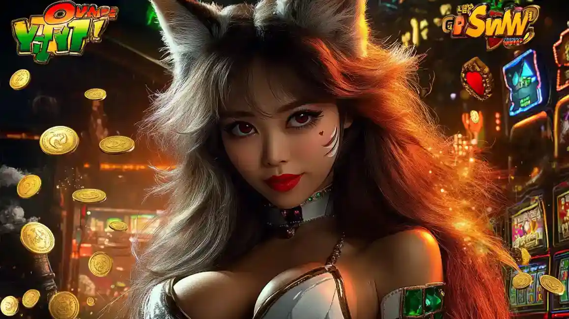 Personagem estilo anime em cassino noturno com moedas flutuando