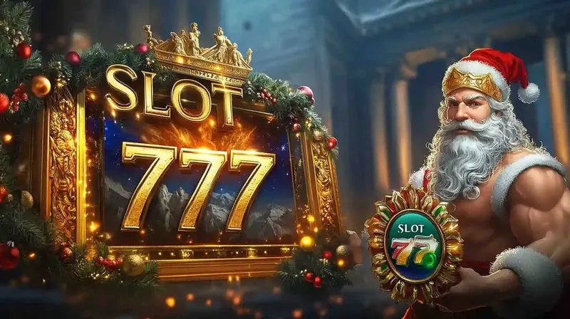 Papai Noel musculoso segurando escudo dourado com logo Slot 777