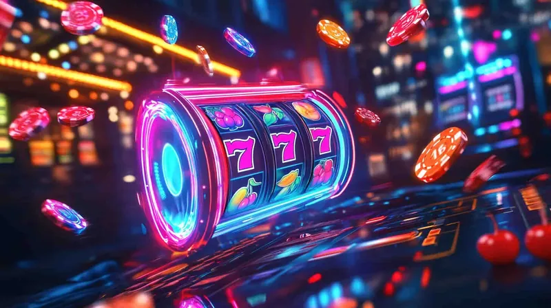 Rolos de caça níqueis girando com setes e cerejas em luzes neon