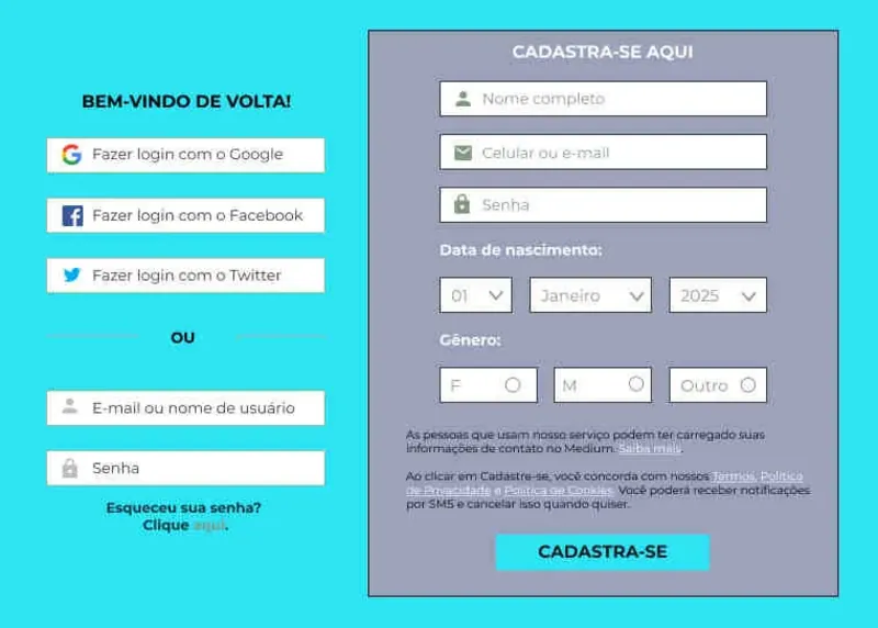 Interface de formulário de cadastro com campos de nome e data