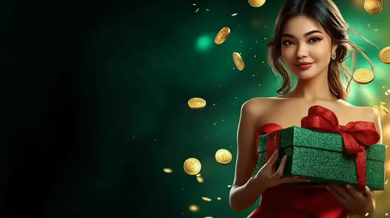 Mulher segurando caixa de presente verde com moedas de ouro caindo