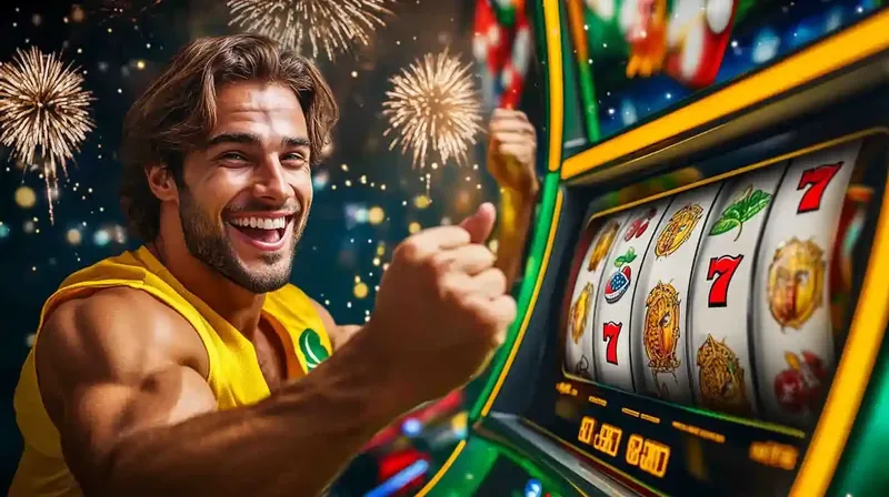 Homem musculoso comemorando prêmio ao lado de slot com fogos de artifício