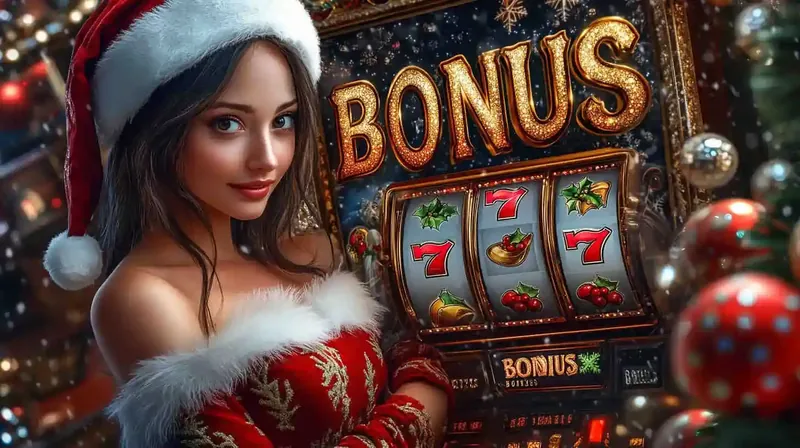 Mulher vestida de natal ao lado de slot machine com letreiro de bônus