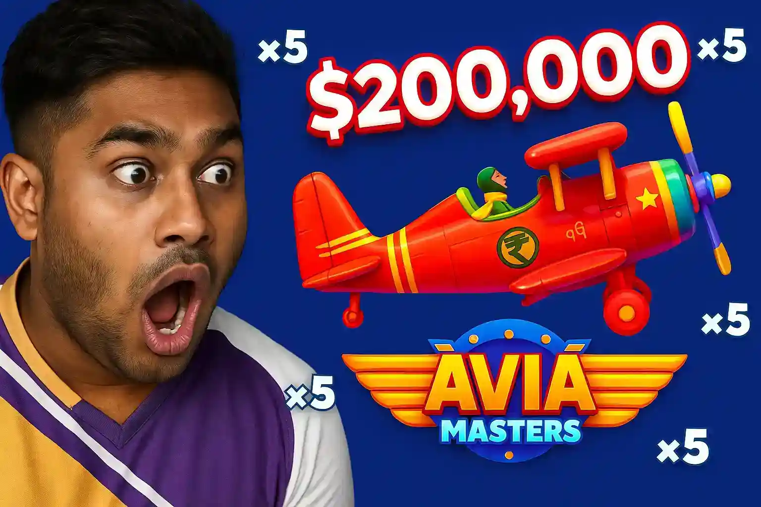 Jogador surpreso olhando avião Avia Masters com prêmio alto