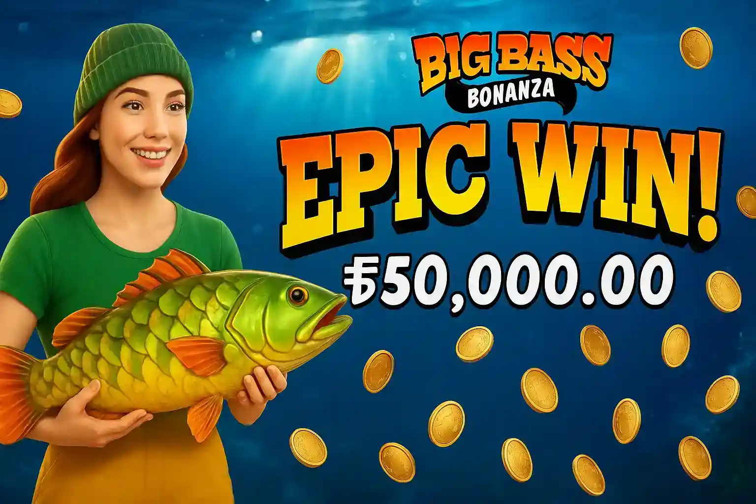 Jogadora comemorando epic win Big Bass Bonanza com moedas douradas
