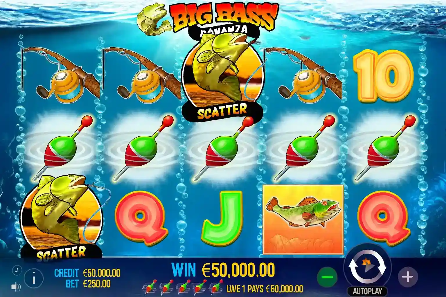 Reels Big Bass Bonanza com símbolos scatter, bóias e varas de pesca